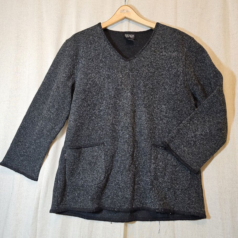 Escada Sport Women's Grey Fleece Pullover V-neck Pockets Lagenlook Large *flaw*